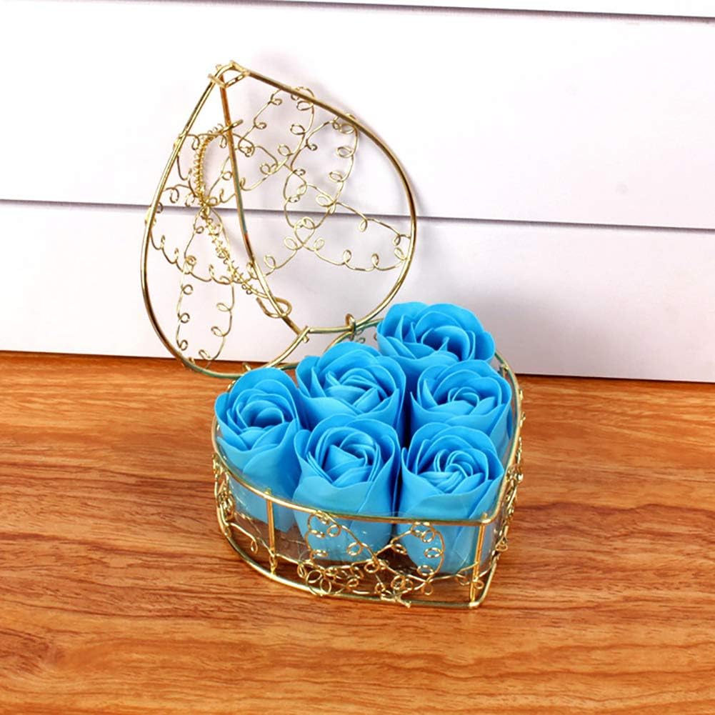 6 PCS  Scented Bath Soap Rose Flower Petals Soap Gift with Metal Basket for Birthday Valentine Blue - Image 2