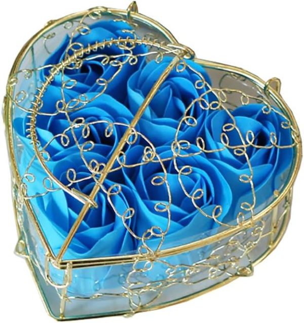 6 PCS  Scented Bath Soap Rose Flower Petals Soap Gift with Metal Basket for Birthday Valentine Blue