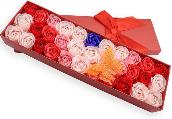 33 PCS l Scented Bath Soap Rose Flower Petals, Plant Essential Oil Rose Soap Set Gifts Ideas for Her Women Girls Mom Valentine's Day, Red Gift Box