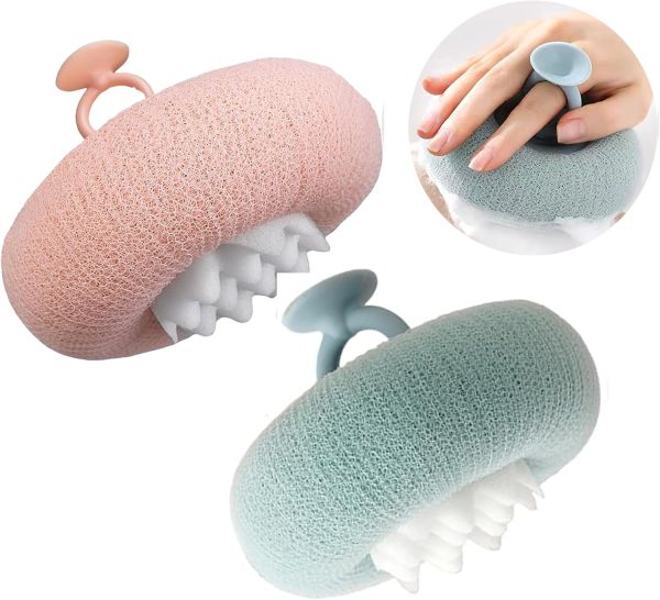 Super Soft Sunflower Suction Cup Bath Ball, 2025 Upgraded 2-in-1 Sunflower Ball Exfoliating Bath Sponge Cleaning Brush, Mesh Shower Body Sponge Accessories for Women, Men Shower (Cyan+Pink)