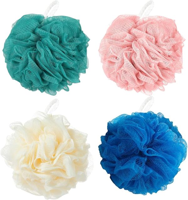 Loofah Sponge Shower Loofahs Bath Sponges Mesh Balls for Women Men Bathing Accessories Body Wash Back Scrubber 50g 4 Colors Soft Pouf Body Scrubber Loofahs Puff Pack, Exfoliate, Cleanse, Soothe Skin.