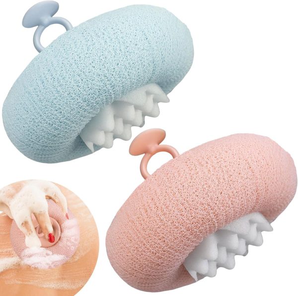 2Pcs Upgrade 2-in-1 Sunflower Bath Ball,Soft Bath Ball with Hanging and Adsorbable Suction Cup，Exfoliating Bath Sponges for Shower Women Men (Pink+Blue-Green)