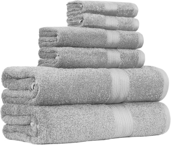 6 Piece Oversized Fade resistant Towel set, 100% Cotton towels for bathroom, soft and absorbent, 2 Bath Towels, 2 Hand Towels and 2 Washcloths bathroom towel set, Gray