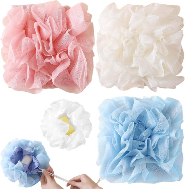 3 Pcs Washcloth Loofah Combo - 2 in 1 Bath Loofah Sponge with Drawstring, That Holds Bar Soap-Exfoliation Mesh Shower Ball, Washcloth Loofah Combo for Body Wash & Smooth Skin