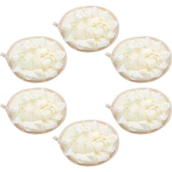 6 Pcs Bath Shower Pouf Sponge Mesh Pouf Shower Ball Exfoliating Body Sponge Pad Scrubber Glove with Flower Bath Ball (Beige)