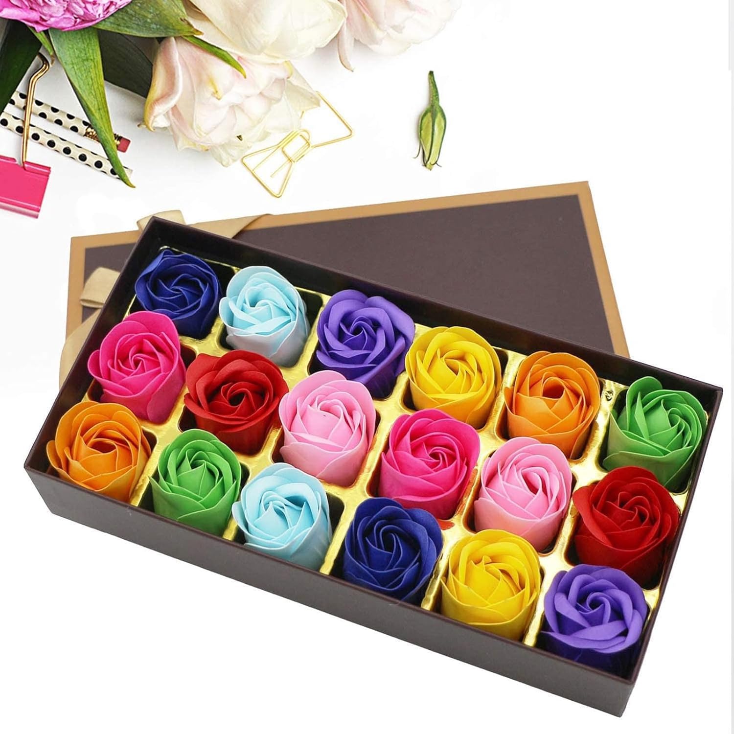 18 Pcs l Scented Bath Soap Rose Flower Petals, Plant Essential Oil Rose Soap Set, Artificial Flowers in Vase for Her Women Girls Mom Lover Birthday Valentine Christmas Mum Backing (1, Multicolor) - Image 2