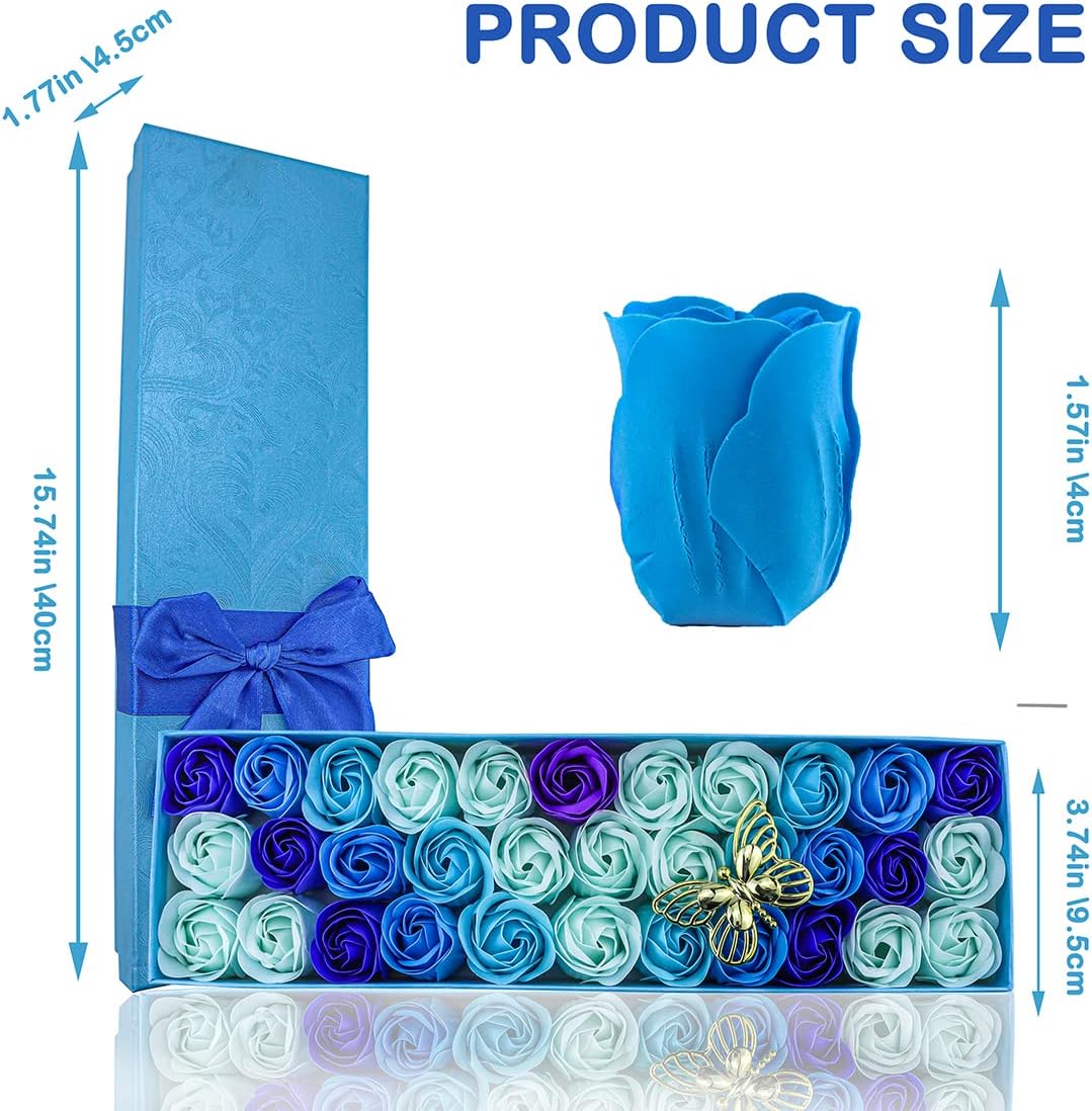 33 PCS l Scented Bath Soap Rose Flower Petals, Plant Essential Oil Rose Soap Set Gifts Ideas for Her Women Girls Mom Valentine's Day, Blue Gift Box - Image 2