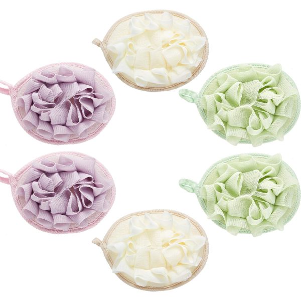 6 Pcs Bath Shower Pouf Sponge Mesh Pouf Shower Ball Exfoliating Body Sponge Pad Scrubber Glove with Flower Bath Ball (Beige,Green,Purple)