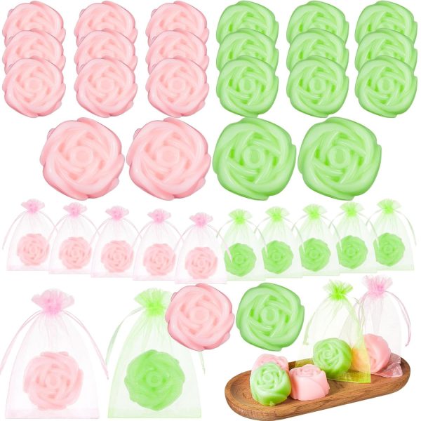 24 Sets Flower Mini Soaps for Guests Witch Theme Scented l Bath Soaps Pink and Green Mini Rose Petal Gift Favors with Organza Bags for Witch Princess Gift Party Favors Baby Shower Supplies Decor