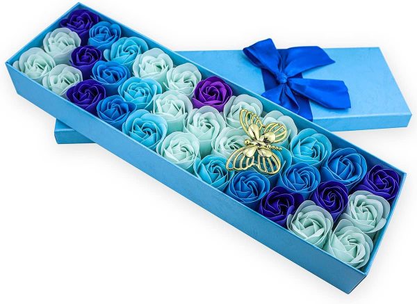 33 PCS l Scented Bath Soap Rose Flower Petals, Plant Essential Oil Rose Soap Set Gifts Ideas for Her Women Girls Mom Valentine's Day, Blue Gift Box