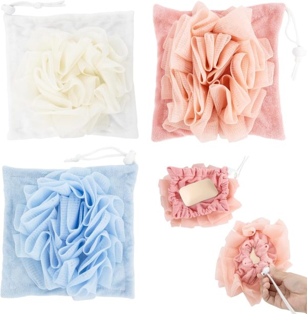 Soap Bar Loofah That Holds Bar Soap-Exfoliation Mesh Shower Ball,2 in 1 Bath Loofah Sponge with Drawstring (Pink,Blue,White)