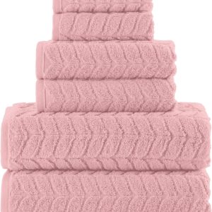 Luxury 6-Piece 100% Turkish Cotton Jacquard Braided Textured Premium Hotel Quality Towel Set– Soft and Absorbent, Includes 2 Bath Towels, 2 Hand Towels and 2 Washcloths, Dusty Rose