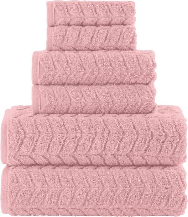 Luxury 6-Piece 100% Turkish Cotton Jacquard Braided Textured Premium Hotel Quality Towel Set– Soft and Absorbent, Includes 2 Bath Towels, 2 Hand Towels and 2 Washcloths, Dusty Rose