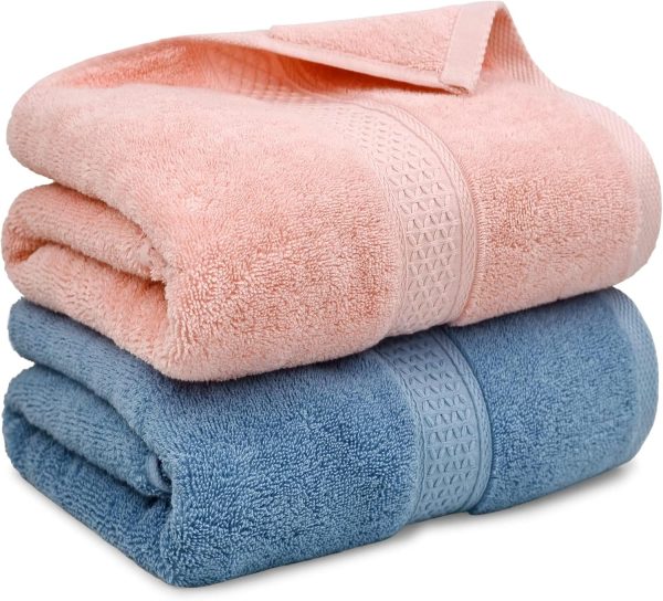 Ultra Soft Bath Towel Set of 2, 100% Cotton Towels for Shower, Spa or Swim Use, Medium Weight Extra Absorbent 55 x 27 1/2 Inches (Pink, Blue-Grey)
