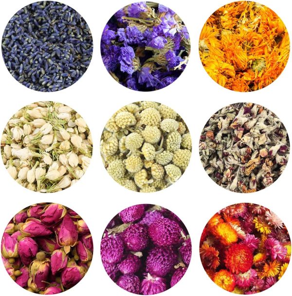 Fragrant Dried Flowers and Herbs Accessories Decorations 9 Bags Set Dry Flowers for Soap Bath Bombs Making and Dried Flower Crafts