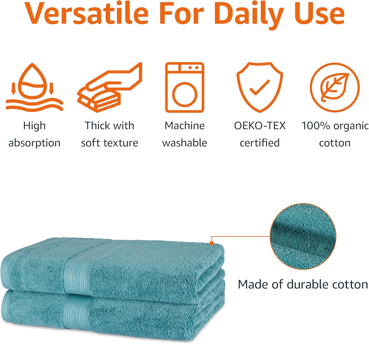 Fade-Resistant 100% Cotton Bath Towel, 2 Pack, 30"x54", Teal Green - Image 2
