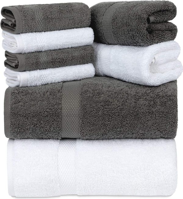 Luxury Bath Towel Set of 8 Pieces - 100% Turkish Cotton Highly Absorbent Towels for Bathroom, 2 Luxury Bath Towels 700, 2 Hand Towels, 4 Washcloths, Gray White