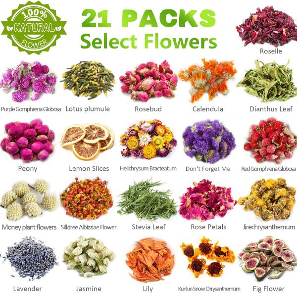 [Latest] 21 Pack Dried Flowers for Candle Making, 100% Natural Dried Herbs Kit for Soap Making, Bath, Resin Jewelry Making, Bulk Dried Flowers Include Lavender, Rose Petals, Rosebuds, Leaves, Lemon. - Image 2