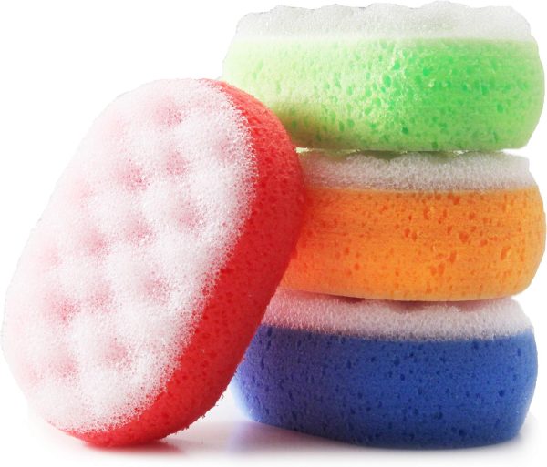 Italian-Made 4-Pack Bath & Shower Sponge for Face & Body, Exfoliating Sponge for Men & Women, Dual Action Design, Dermatologically Tested – 1 of Each Color.