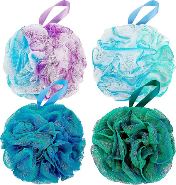 Bath Shower Loofah Sponge 60g Bath Mesh Pouf Shower Ball Body Scrubber Exfoliating Bath Sponge for Women and Men, Set of 4, Flower