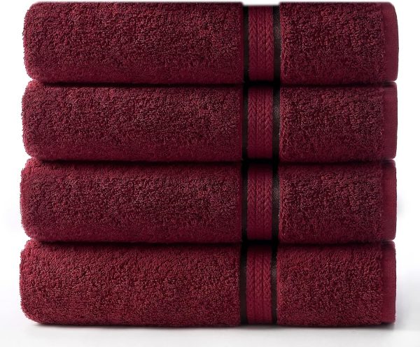 Ultra Soft 4 Pack Oversized Extra Large Bath Towels 30x54 Burgundy Weighs 22 Ounces - 100% Pure Ringspun Cotton - Luxurious Rayon Trim - Ideal for Everyday use - Easy Care Machine wash